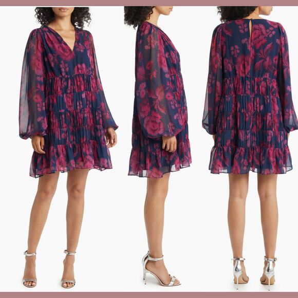 NWD Ted Baker London [ 3 ] Terisa‎ Floral Long Sleeve Tiered Chiffon Dress #J10 - Picture 1 of 16